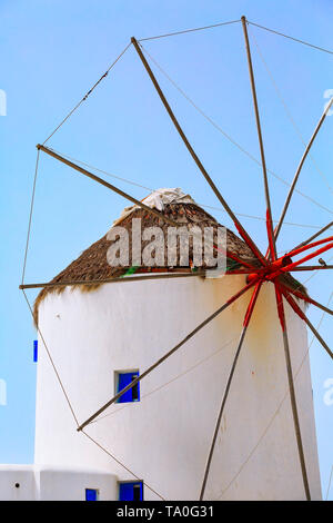 Mykonos, Greece, greek iconic windmill close-up background in famous island in Cyclades Stock Photo