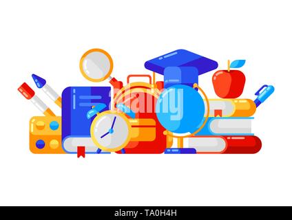 School background with education icons and symbols. Illustration in trendy flat style. Stock Vector