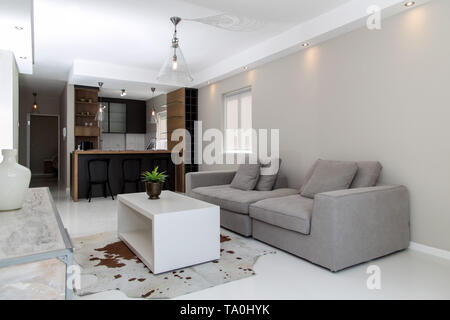 A modern and small yet luxurious living room setup in a small apartment Stock Photo