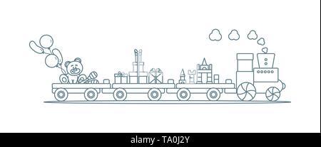 Funny vector illustration with train carries toys: baby toy musical maracas, designer, bear, gifts, balloons. Happy New Year 2019, Christmas, Birthday Stock Vector
