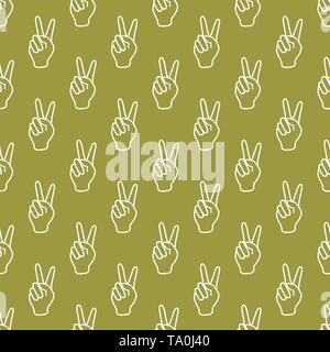 Seamless vector pattern with victory gesture. Two fingers raised up. Gesturing of peace and success. Design for textile, banner, poster or print. Stock Vector