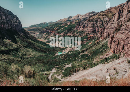 Views of Telluride Valley with surrounding San Juan Mountains from the Bridal Veil Falls Trail in Telluride, Colorado, USA Stock Photo