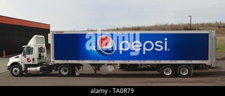 Truro, Canada - May 19, 2019: Parked Pepsi semi-truck. Pepsi is a worldwide popular soft drink produced by PepsiCo Inc. Stock Photo