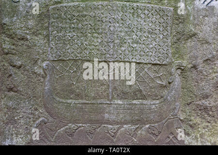 A Viking ship (carvings derived from Anglo-Saxon art) - Detail of the Jorge Luis Borges's grave - Cimetière des Rois - Geneva Stock Photo