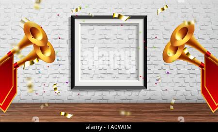 Enchanting Presentation In Exhibition Hall Vector. Golden Fanfare Trumpets With Red Flags, Foil Confetti And Picture Frame On Brick Wall Elements Of P Stock Vector