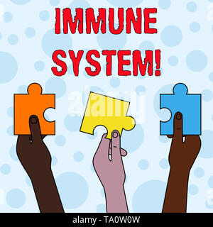 Handwriting text writing Immune System. Conceptual photo host defense system comprising analysisy biological structures Three Colored Empty Jigsaw Puz Stock Photo