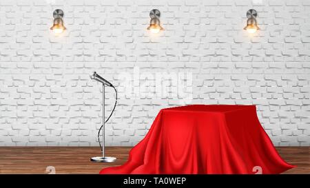 Studio Scene For Vocal Concert Or Tv Show Vector. Table Covered With Red Tablecloth, Classic Silver Microphone And Glowing Sconces On Brick Wall Eleme Stock Vector