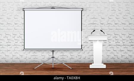 Interior Of Modern Boardroom For Lecture Vector. White Tribune With Microphones, Projection Screen On Tripod And Brick Wall On Background Of Conferenc Stock Vector