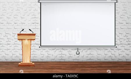 Design Presentation Or Conference Room Vector. Wooden Tribune With Microphones For Lecturer Speech For Conference And Projector Screen On Brick Wall B Stock Vector