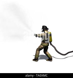 Fire fighter with water hose - isolated on white background Stock Photo ...