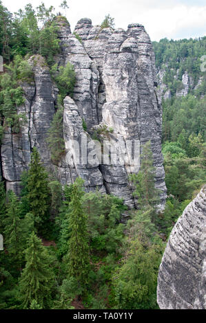 Mountain landscape of Saxon Switzerland. Forest-covered rocks. Stock Photo