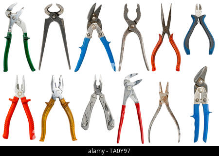 collection of twelve different pliers, isolated on white Stock Photo