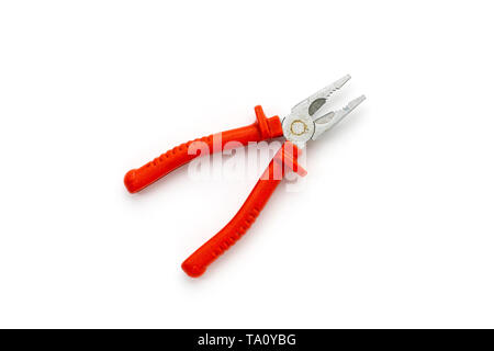 close up of an old red lineman's pliers, isolated on white Stock Photo