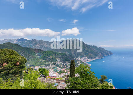 View from the gardens of Villa Rufolo in Ravello overlooking the Amalfi Coast and Bay of Salerno in Campania Southern Italy Stock Photo