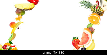 Frame of falling fresh vegetables and fruits isolated on white background with copy space for text Stock Photo