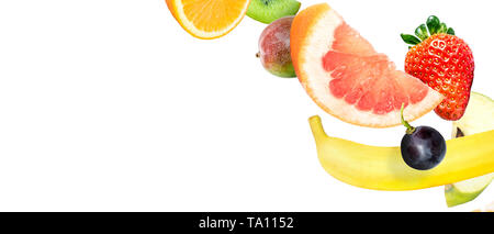 Frame of falling fresh vegetables and fruits isolated on white background with copy space for text Stock Photo