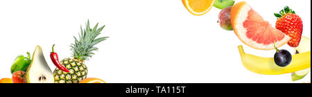 Frame of falling fresh vegetables and fruits isolated on white background with copy space for text Stock Photo