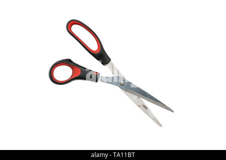 old used black and red scissors, isolated on white Stock Photo