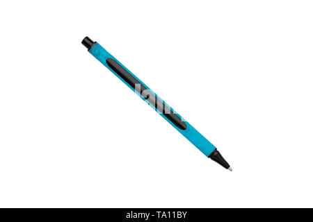 old used blue ball pen, isolated on white Stock Photo