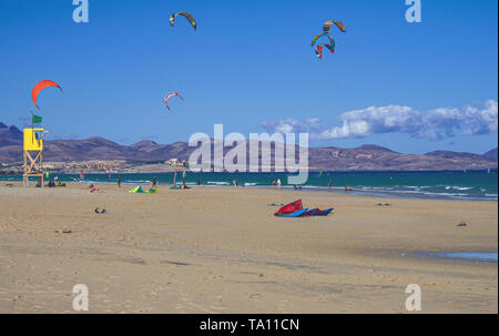 windy beach frequented by kite surf lovers in Fuerteventura, Canary Islands Stock Photo