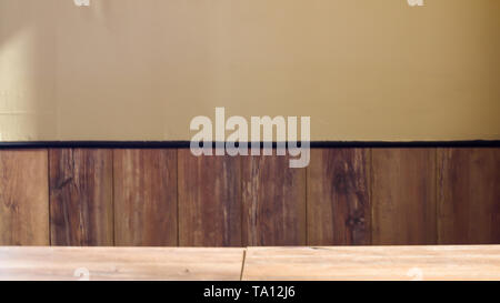 Empty wooden table over vintage wooden wall, vintage, background, template, display. Stock Photo