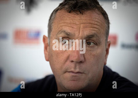 Mickey Mellon, manager of Tranmere Rovers Football Club speaking to the press at a media conference at the club's training ground in Leasowe, Wirral. Tranmere Rovers gained promotion to EFL League 2 from the National League via a play-off in the 2017-8 season and returned to Wembley 12 months later on 25th May to face Newport County for a place in EFL League One. Stock Photo