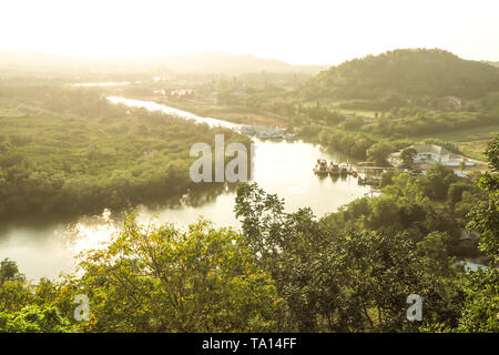 Top View of Rain forest and city river sea and Mountain in Thailand Stock Photo