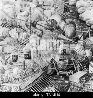 Representation of the Battle of Lepanto, that took place on October 7, 1571. The Turks were defeated by Don John of Austria, the illegitimate son of Emperor Charles V.