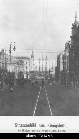 Street view of Koenigshuette, in the background the Protestant church. Stock Photo