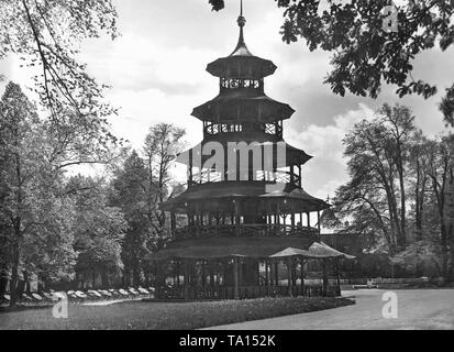 The Chinese Tower in the English Garden shown before its destruction by bombs. Stock Photo