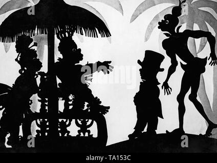 This photo shows a scene from the silhouette film 'Dr. Dolittle and His Animals' - subtitle: 'Dr. Dolittle und der Negerkoenig' by Charlotte Reiniger. The silhouette film, also known as silhouette animation, is a technique of animated film in which silhouettes are put together on a lighted glass plate in front of a white or black background to form a film. The result is the silhouette film, inspired by shadow theater and the pictorial techniques of silhouette cutting.