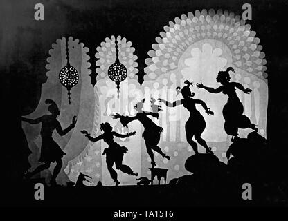 This photo shows a scene from the silhouette movie 'The Adventures of Prince Achmed' by Charlotte Reiniger. The silhouette film, also known as silhouette animation, is a technique of animated film in which silhouettes are put together on a lighted glass plate in front of a white or black background to form a film. The result is the silhouette film, inspired by shadow theater and the pictorial techniques of silhouette cutting. Stock Photo