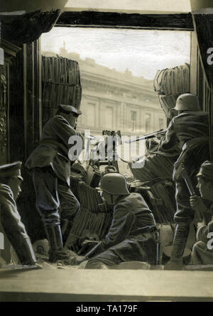 During the January uprising, there were armed conflicts in the Berlin Zeitungsviertel (newspaper quarter) between left-wing revolutionaries and government-loyal Freikorps units. Here loyalist soldiers shoot revolutionary Spartacists from a window of the 'Mosse-Haus'. Stock Photo