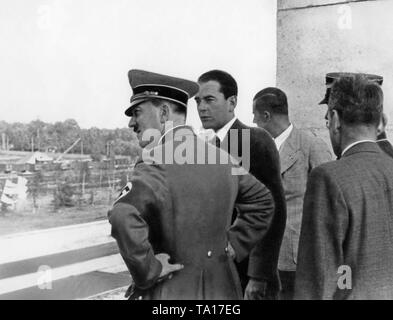 Adolf Hitler (left) and Albert Speer (right next to him) inspect the constructions at the Nazi party rally grounds in Nuremberg. Stock Photo
