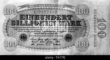 One hundred trillion Mark is the highest value of the German inflation. Due to the increasing inflation banknotes with astronomical monetary value are being issued. Stock Photo