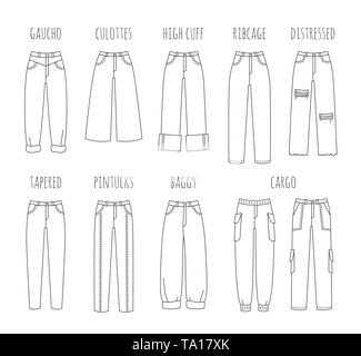 Trendy women jeans styles collection. Vector flat thin line icons of modern denim pants for fashionable girl. Outline illustration of trousers isolate Stock Vector