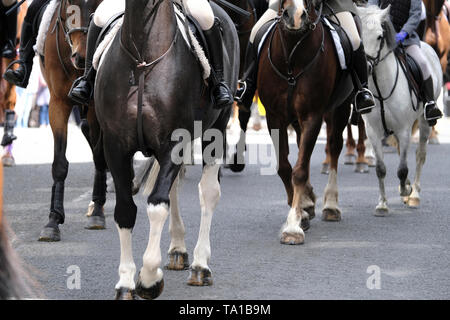 Hawick, Scottish Borders, UK. 21st May 2019. Hawick Common Riding 2019 Ñ Priesthaugh Rideout Caption: Tuesday 23rd May sees the fourth preliminary ride out in the build up to the main Common Riding day on Friday 7th June 2019. Cornet Gareth Connor Brunton leads mounted supporters leaving the Backdamgate in Hawick at 2pm ( Credit: Rob Gray/Alamy Live News Stock Photo