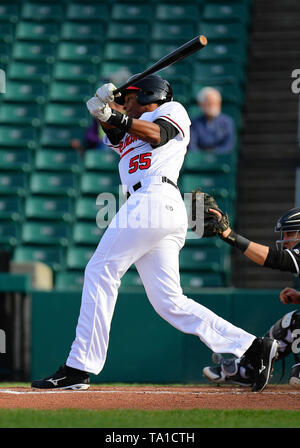 Fargo, ND, USA. 20th May, 2019. FM Redhawks Correlle Prime (55) swings at a pitch during the FM Redhawks game against the Milwaukee Milkmen in American Association professional baseball at Newman Outdoor Field in Fargo, ND. Milwaukee won 5-3. Photo by Russell Hons/CSM/Alamy Live News Stock Photo
