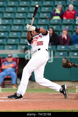 Fargo, ND, USA. 20th May, 2019. FM Redhawks Correlle Prime swings at a ptich during the FM Redhawks game against the Milwaukee Milkmen in American Association professional baseball at Newman Outdoor Field in Fargo, ND. Milwaukee won 5-3. Photo by Russell Hons/CSM/Alamy Live News Stock Photo