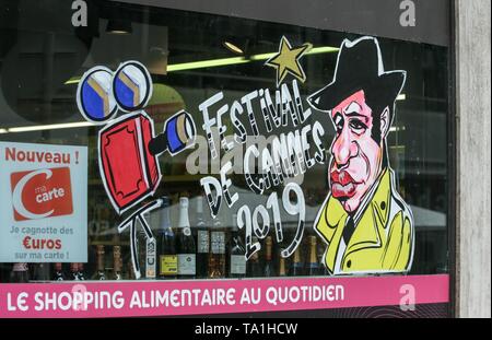 Film Star Cartoons On Supermarket Window.,2019 Cannes Stock Photo