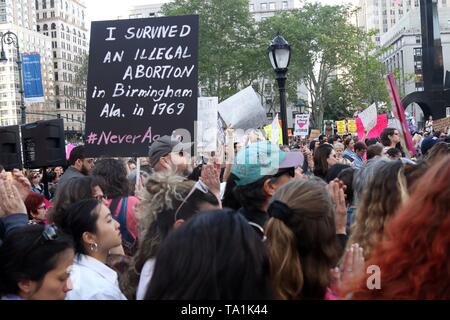 New York, NY, USA. 21st May 2019. Hundreds of abortion-rights activists rallied in Foley Square, New York City on Tuesday, May 21, 2019, joining other women across the USA at statehouses, town squares, and courthouses to protest new restrictions on abortion passed by Republican-dominated legislatures in eight states. Protesters voiced opposition to new restrictive bans on abortion which aim to strip away reproductive freedom and represent an all-out assault on abortion and women health access. Credit: 2019 G. Ronald Lopez/Alamy Live News Stock Photo
