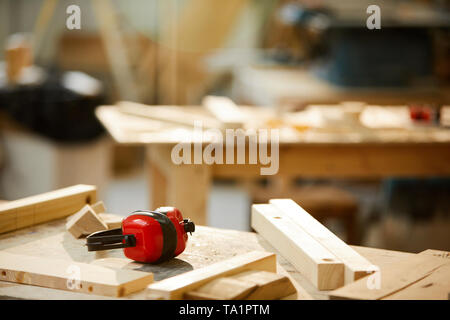 Background image of carpenters workplace with tools and sawdust on table, copy space Stock Photo