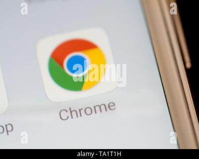 Moscow, Russia - October 16, 2018. Google Chrome application icon on smartphone screen close-up. Close-up shot of Google Chrome mobile app from Google Inc. Shallow DOF Stock Photo
