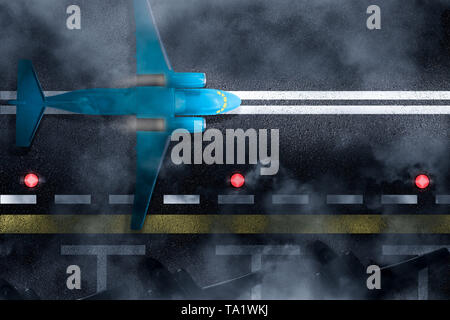 Aircraft is landing or taking off at night cloud or fog airport. Top view on runway with strips, plane, parking of other airplanes silhouettes, side l Stock Photo