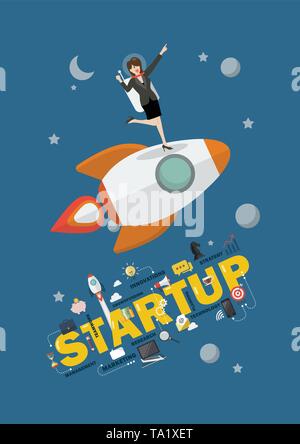 Business woman astronaut standing on a rocket. Project start up new business. Stock Vector