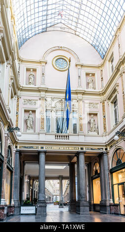 Beginning of the Queen's gallery, the northern half of the Saint-Hubert Royal Galleries in Brussels, Belgium. Stock Photo