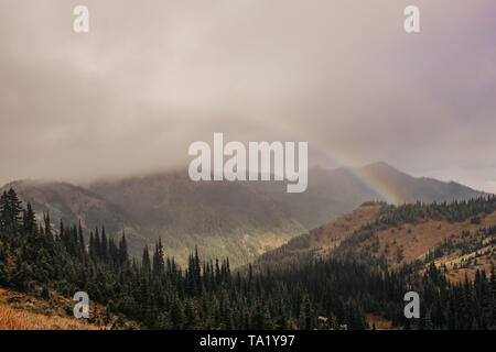 A rainbow appears above the mountains, through the fog of the Pacific Northwest in Olympic National Park, Washington, USA Stock Photo