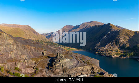 Llanberis  Gwnedd Wales May 13, 2019 View of Mount Snowdon, showing Llyn Peris and the huge Dinorwig slate quarry Stock Photo