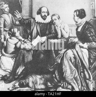 The English poet William Shakespeare at the presentation of Hamlet together with his family. Right in the picture, his wife Anne Hathaway, on Shakespeare's side his two daughters Elizabeth and Judith. Stock Photo