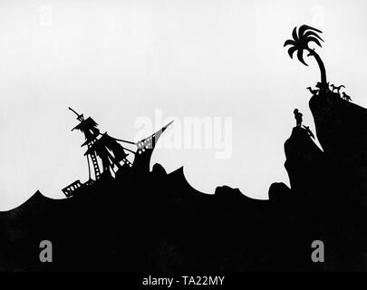This photo shows a scene from the silhouette film 'Dr. Dolittle and His Animals' - subtitle: 'Das Schiffswrack' by Charlotte Reiniger. The silhouette film, also known as silhouette animation, is a technique of animated film in which silhouettes are put together on a lighted glass plate in front of a white or black background to form a film. The result is the silhouette film, inspired by shadow theater and the pictorial techniques of silhouette cutting.
